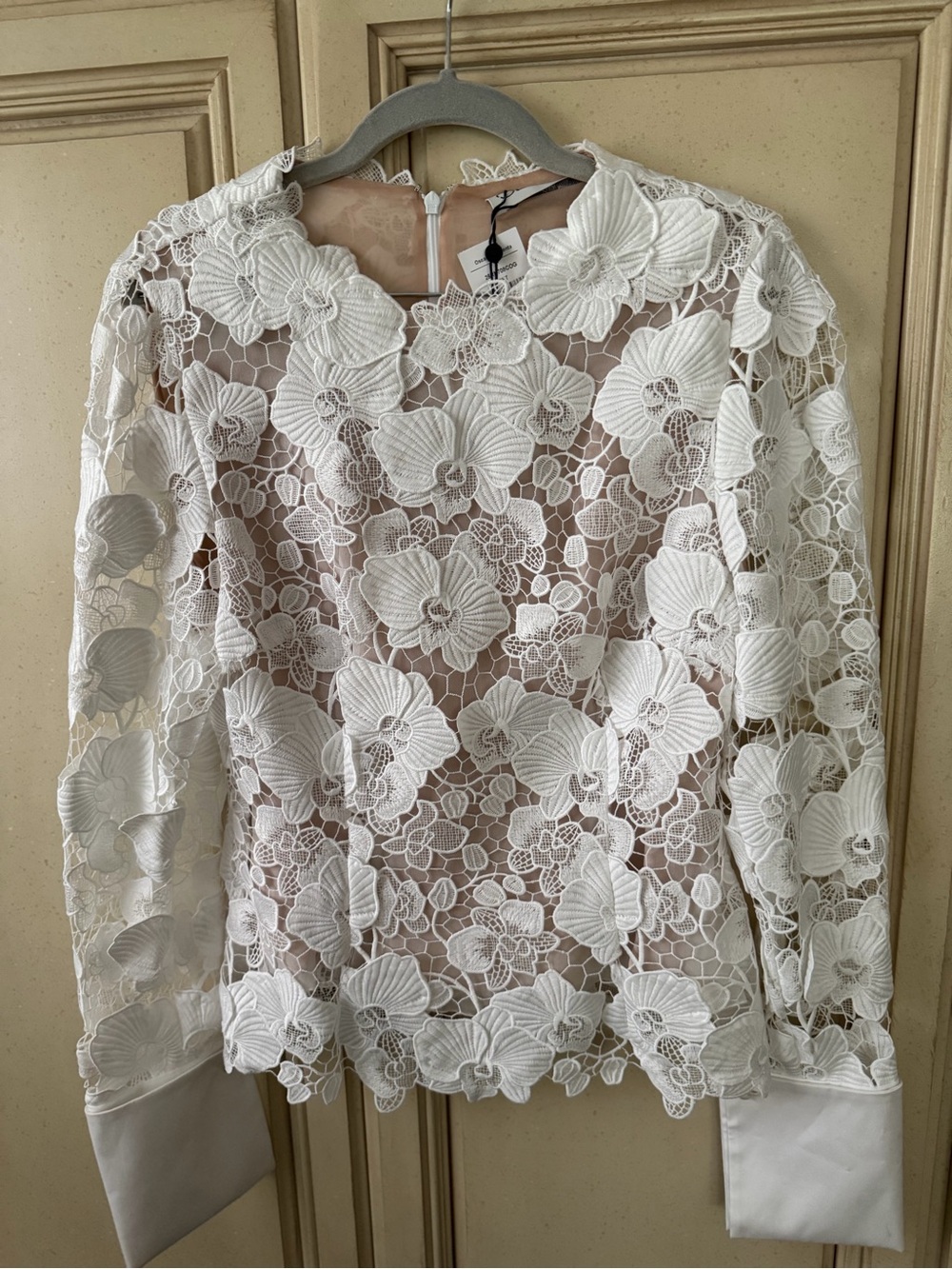 Oscar de la Renta White Floral Lace Long-Sleeve Blouse